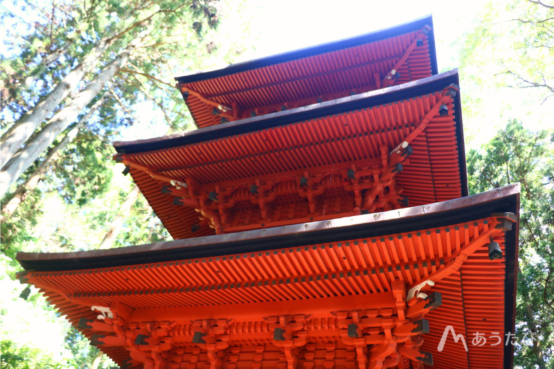A vermilion three-story pagoda at the shrine