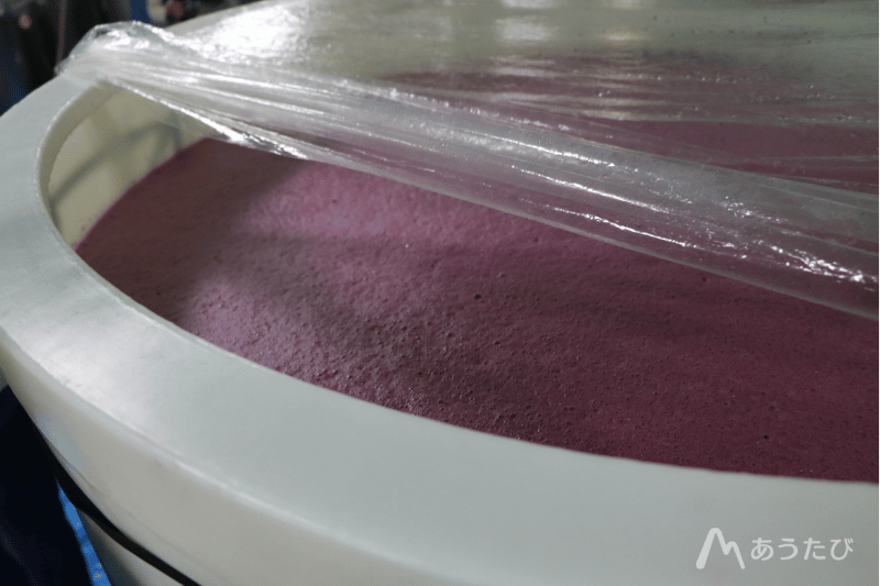 Red wine fermenting in a tank at a winery in Japan