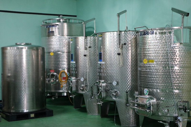 Large wine tanks lined up inside the winery