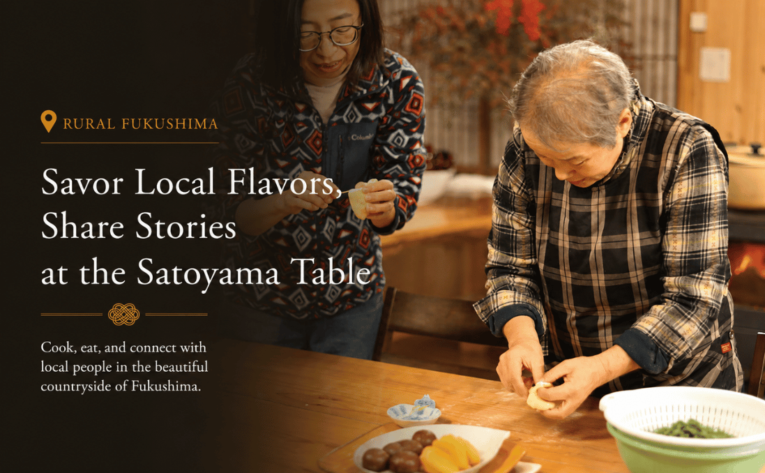 Local host cooking together with guests in a satoyama kitchen in Fukushima