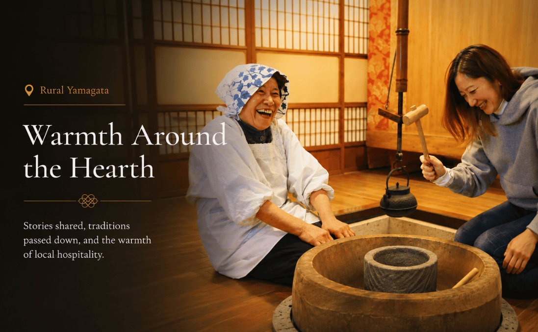 Smiling host sitting around an irori hearth in a traditional farmhouse