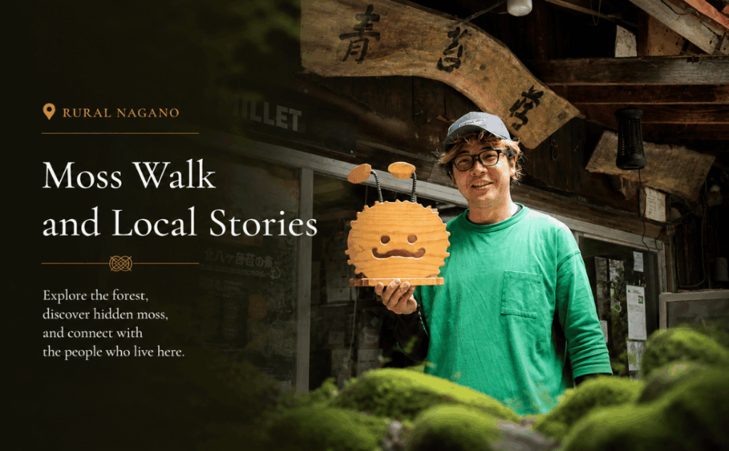 Local moss guide smiling while holding a moss-themed doll