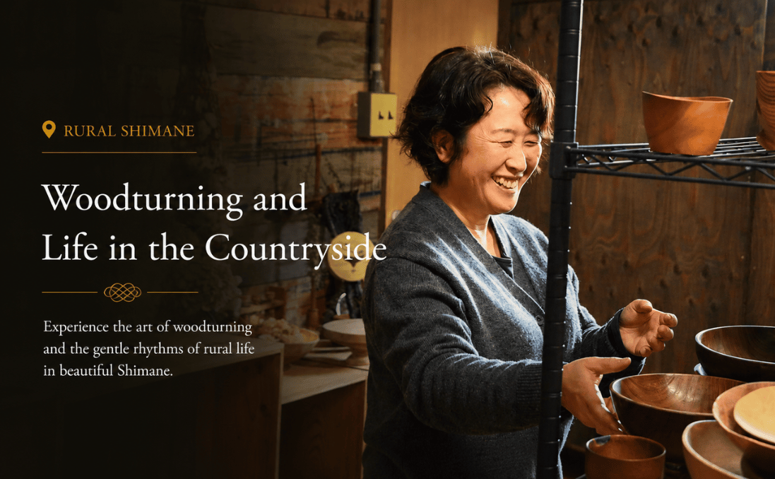 Woodturning artisan holding handmade wooden pieces in a workshop