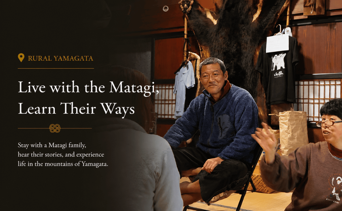 Matagi host and his wife welcoming guests at a rural homestay in Yamagata