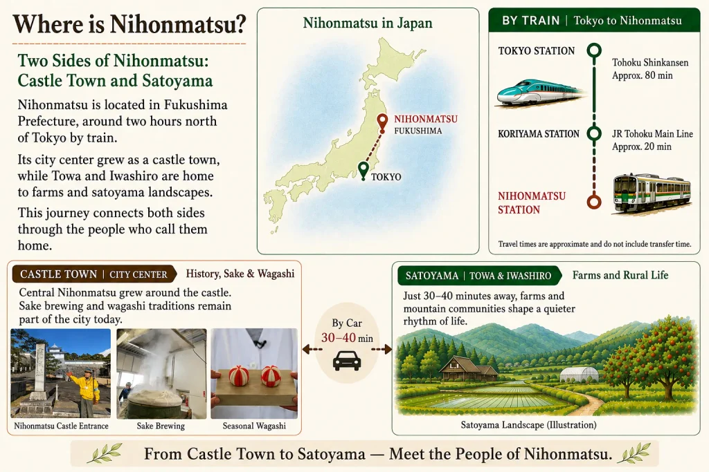 Map showing Nihonmatsu in Fukushima, about two hours from Tokyo via Koriyama, with its castle town center and rural satoyama areas.