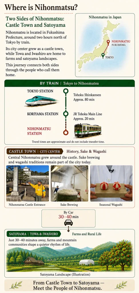 Map showing Nihonmatsu in Fukushima, about two hours from Tokyo via Koriyama, with its castle town center and rural satoyama areas.