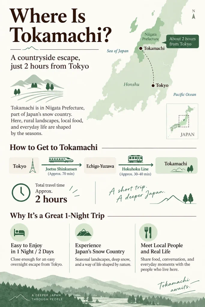Map showing Tokamachi in Niigata Prefecture and train access from Tokyo via Echigo-Yuzawa