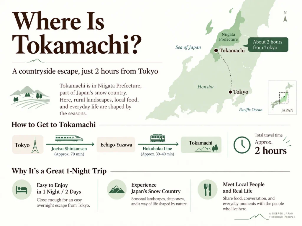 Map showing Tokamachi in Niigata Prefecture and train access from Tokyo via Echigo-Yuzawa
